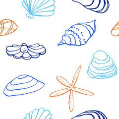 Collection of sea shell ink doodles on white backdrop. Seamless pattern. Endless texture. Can be used for printed materials. Underwater holiday background. Hand drawn design elements. Sea life print.