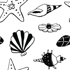 Collection of sea shell ink doodles on white backdrop. Seamless pattern. Endless texture. Can be used for printed materials. Underwater holiday background. Hand drawn design elements. Sea life print.