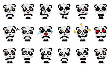 Big set of funny panda bear in cartoon style in different standing poses and emotions isolated on white background © coolpay