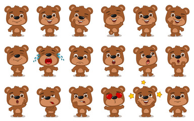 Big set of funny teddy bear in cartoon style in different standing poses and emotions isolated on white background - 284287768
