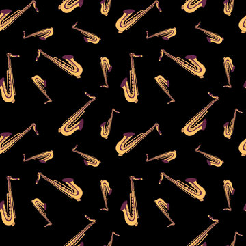 Seamless Pattern With Gold Clipart Saxophones Isolatad On Black Background. Vector Illustration.