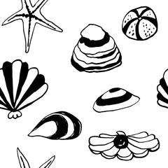 Collection of sea shell ink doodles on white backdrop. Seamless pattern. Endless texture. Can be used for printed materials. Underwater holiday background. Hand drawn design elements. Sea life print.