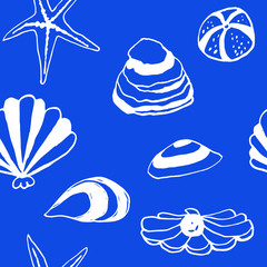 Collection of sea shell ink doodles on white backdrop. Seamless pattern. Endless texture. Can be used for printed materials. Underwater holiday background. Hand drawn design elements. Sea life print.