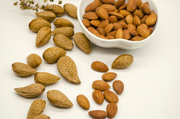 Peeled almonds in white porcelain bowl next to untreated almond seeds and dry flower on white background