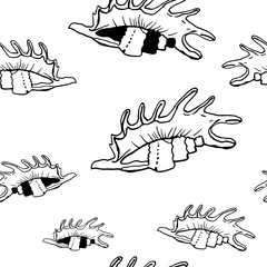 Collection of sea shell ink doodles on white backdrop. Seamless pattern. Endless texture. Can be used for printed materials. Underwater holiday background. Hand drawn design elements. Sea life print.