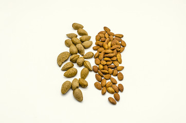 Rows of edible almonds from untreated seeds in the shell and processed and peeled, ready for use on a white background