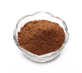 pile cocoa powder in glass bowl isolated on white background