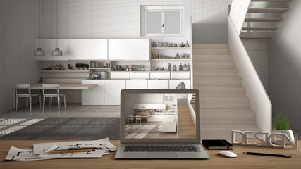 Architect designer desktop concept, laptop on wooden work desk with screen showing interior design project, blueprint draft background, modern white kitchen with wooden staircase
