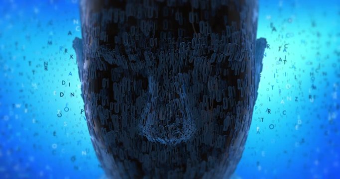 Abstract Bionic Robot Head With Numbers Moving Slowly With Symbols And Letters - Technology Related 3D 4K Animation Concept