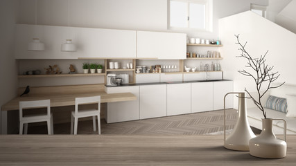Wooden table top or shelf with minimalistic modern vases over blurred modern white kitchen with wooden details and parquet floor, minimalist architecture interior design