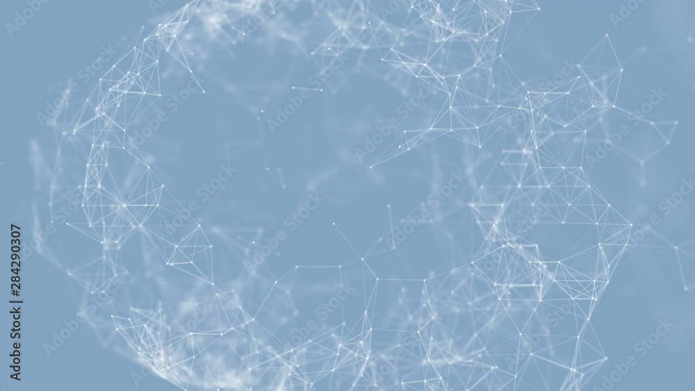 Poster animated background of spinning particles with lines. plexus fantasy abstract technology and motion 