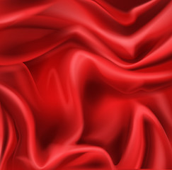 Red silk folded fabric background, luxurious textile decoration backdrop for poster, banner or cover design. Scarlet drapery material with soft satin waves, poster, 3d vector realistic illustration