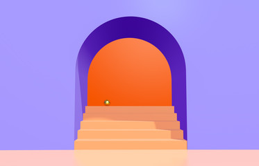Scene with geometrical forms, arch with a podium, minimal background. 3D render.
