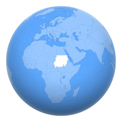 Sudan on the globe. Earth centered at the location of the Republic of the Sudan. Map of Sudan. Includes layer with capital cities.