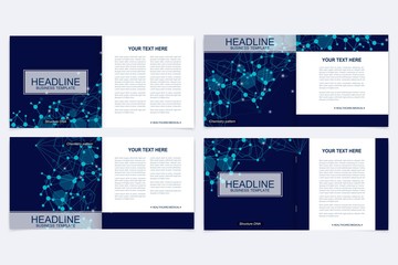 Scientific templates square brochure, magazine, leaflet , flyer, cover, booklet, annual report. Scientific concept for medical, technology, chemistry. Structure molecule and communication. Dna, atom.