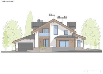 Color drawings of modern cozy house in chalet style for sale or rent. Aqua crayon style with hand drawing entourage.