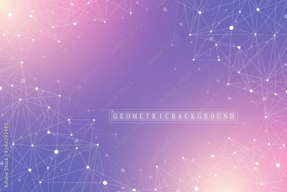 Poster Geometric abstract background with connected line and dots. Network and connection background for your presentation. Graphic polygonal background. Scientific vector illustration