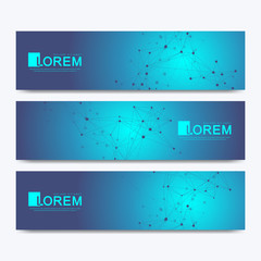 Abstract vector banners templates for web site. Scientific background genetic engineering and gene manipulation. Molecule structure or atom, DNA helix, DNA strand. Wave flow neurons