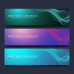 Abstract vector banners templates for web site. Scientific background genetic engineering and gene manipulation. Molecule structure or atom, DNA helix, DNA strand. Wave flow neurons