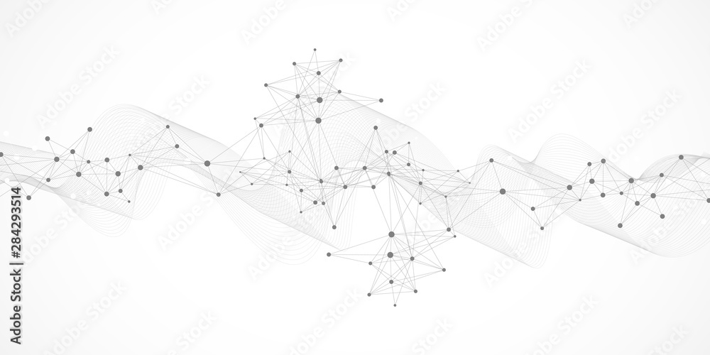 Poster Big data visualization. Geometric abstract background visual information complexity. Futuristic infographics design. Technology background with connected line and dots, wave flow. Vector illustration
