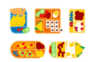 School lunch boxes set, isolated vector illustration. Snacks in plastic colorful containers with italian, asian, vegetarian food. Kids school meals icons in flat style.