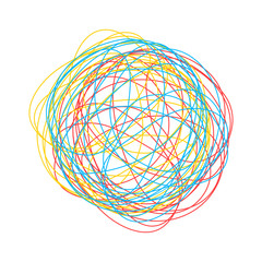 Complicated chaotic ravel made of three colorful threads isolated on white