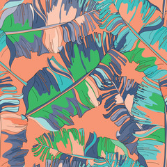 Fototapeta na wymiar Banana leaves seamless pattern. Vector illustration of banana leaves on orange background.