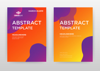 Purple liquid shapes on red yellow design for annual report, brochure, flyer, poster. Red gradient background vector illustration for flyer, leaflet, poster. Business abstract A4 brochure template.