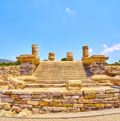 Remains of the Temple of Jupiter, one of the three temples of the Capitoline Triad terrace. Baelo Claudia Archaeological Site. Tarifa, Cadiz. Andalusia, Spain.