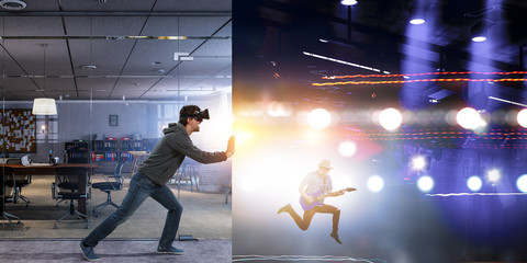 Fototapeta na wymiar Virtual reality experience. Man in VR glasses
