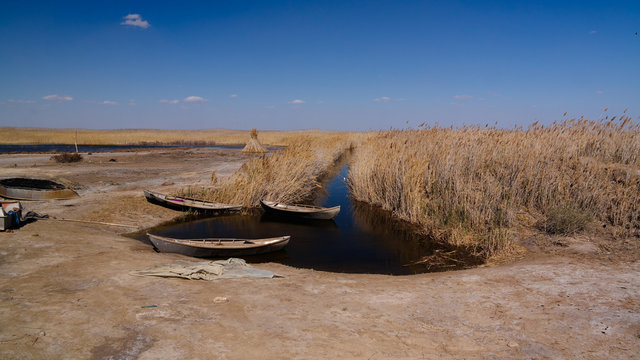 runed Urga fishing village at the shore of Sudochye lake aka part of former Aral sea, Karakalpakstan, Uzbekistan