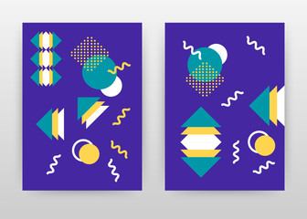 Geometric round triangla arrows on purple design for annual report, brochure, flyer, leaflet, poster. Green yellow geometric elements background. Abstract A4 brochure template. Vector illustration.