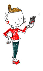スマホを見る女性　手描き