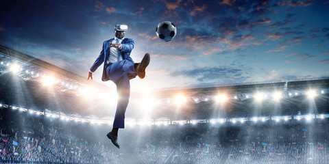 Black Man and Virtual Reality Soccer Match