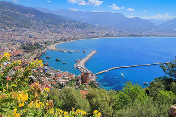 Alanya city bay scenery photographed from a mountain height.