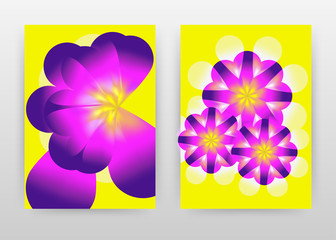 Purple flower petals on yellow design for annual report, brochure, flyer, leaflet, poster. Geometric purple yellow floral background. Abstract A4 brochure template. Flyer vector illustration.
