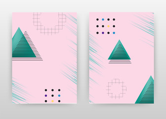 Geometric green triangles and lined dotted textures design for annual report, brochure, flyer, leaflet, poster. Pink background. Abstract A4 brochure template. Flyer vector illustration.