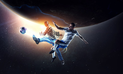 Obraz na płótnie Canvas Soccer man in action with ball. Mixed media