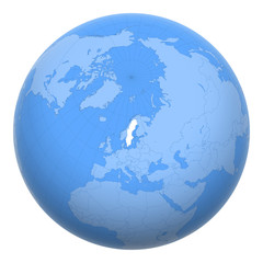 Sweden on the globe. Earth centered at the location of the Kingdom of Sweden. Map of Sweden. Includes layer with capital cities.