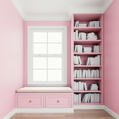 Fototapeta na wymiar Comfy upholstered window seat with drawers in a window nook with library and books. Millennial pink colored walls. Trim, molding, crown and baseboard in white color. 3d rendering, 3d illustration