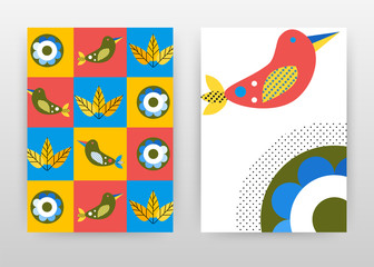 Fototapeta premium Geometric cartoon red birds shapes design for annual report, brochure, flyer, poster. Geometric background vector illustration for flyer, leaflet, poster. Abstract A4 brochure template.