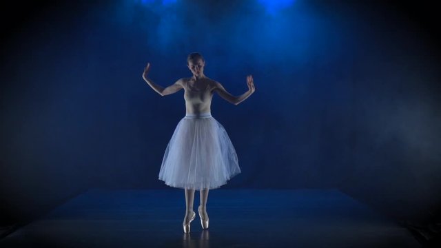 Alluring ballerina in white tutu performing classical ballet. Slow motion.