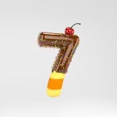 Number 7. Cake font with chocolate, sprinkles and cherry on top isolated on white background.