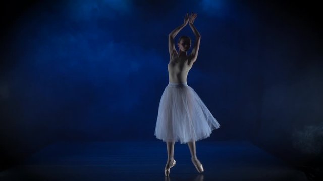 Cute ballerina in white tutu performing classical ballet. Slow motion.