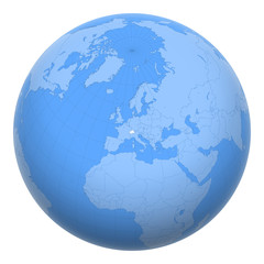 Switzerland on the globe. Earth centered at the location of the Swiss Confederation. Map of Switzerland. Includes layer with capital cities.