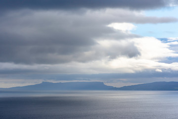 Fototapeta na wymiar Moody sky above lake with islands.Beautiful landscape of Scotland ,UK.