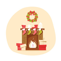 Classic brick fireplace with Christmas socks, gifts and a wreath on a neutral background. New year vector illustration in flat style for web banner, greeting card or tags