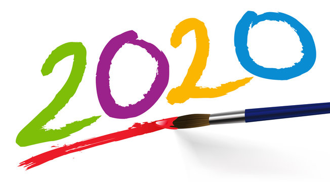 Carte de voeux 2020 inscrit avec un pinceau sur un fond blanc, avec des chiffres peints de différentes couleurs