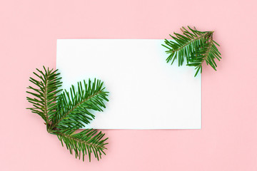 Fototapeta na wymiar White paper card decorated with fir-tree branches on pink background. New Year, Christmas and winter concept. Flat lay, top view, free copy space.