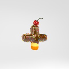 Plus symbol. Cake font with chocolate, sprinkles and cherry on top isolated on white background.